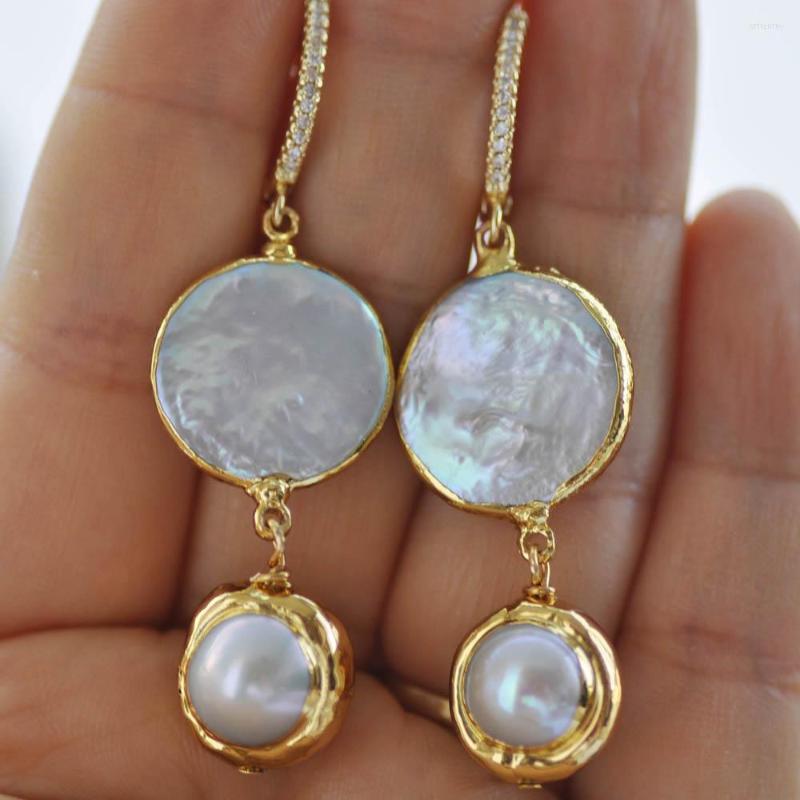 Dangle Earrings Z10372 20mm Coin Round White Freshwater Pearl Gold-Plating CZ Earring