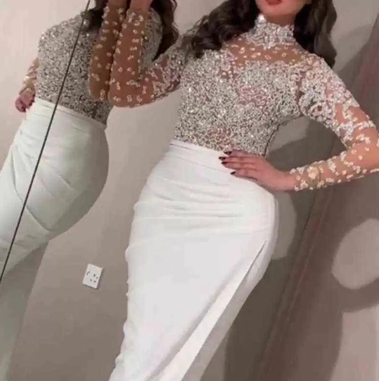 Aso Ebi Arabic Mermaid Evening Dresses Sheer High Neck Long Sleeve Beaded Ruched Splt Party Formal Prom Dresses