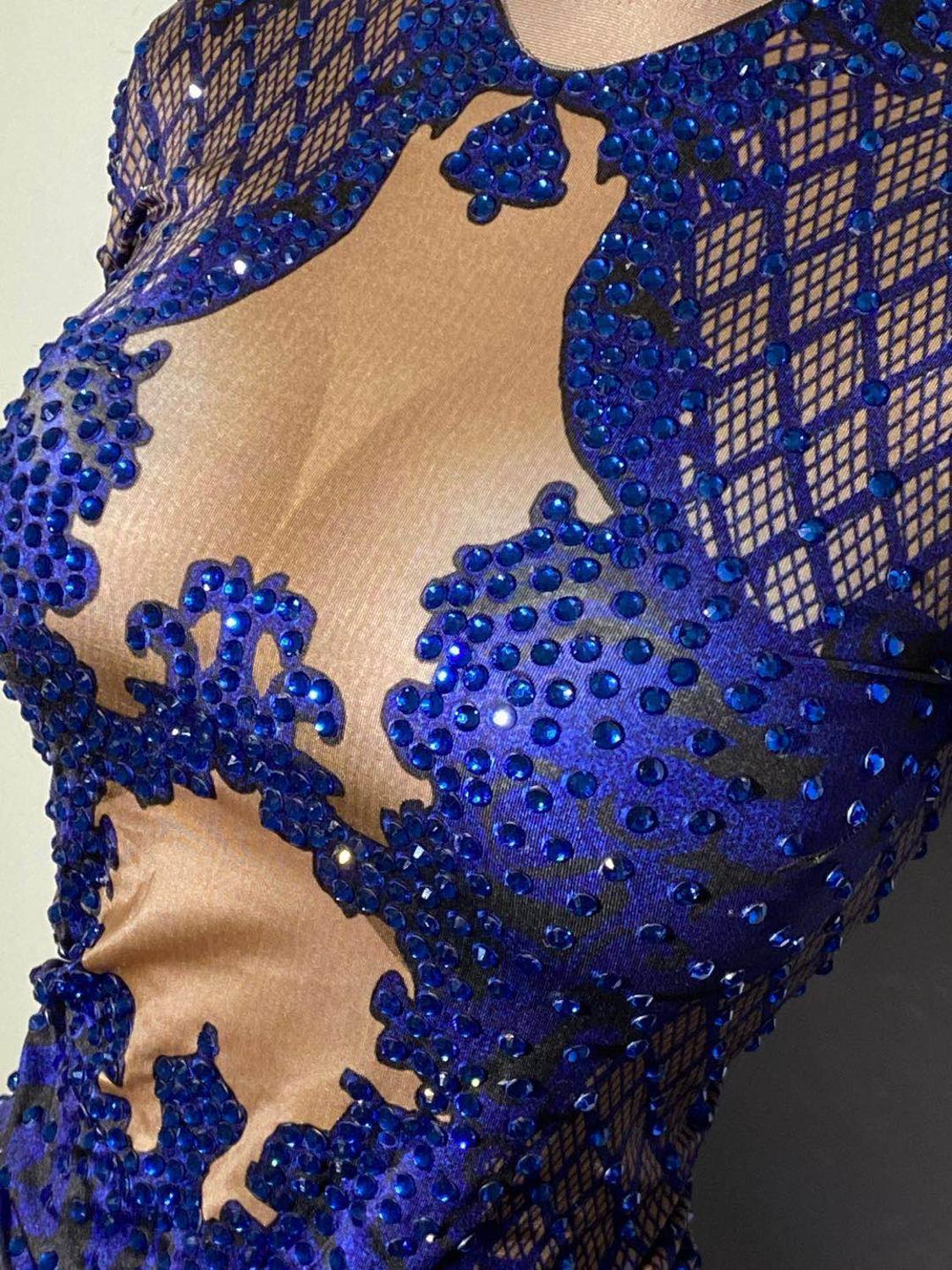 Womens Jumpsuits Rompers Sexy Blue Print Dancer Bodysuit Women Long Sleeve Elastic Crystal Jumpsuit Female Club Showgirl Stage Leotard Costume 221113