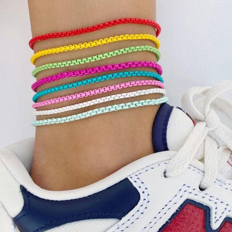 

Anklets Bohemia Rainbow Candy Color Gold Plated For Women Enamel Glazed Box Chain Anklet Link Simple Beach Jewelry Gifts