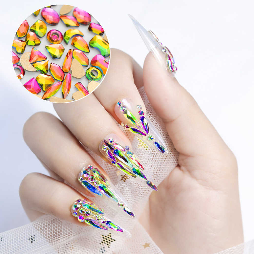 Nail Art Decorations Bulk 100Pcs Multi-Color Nail Crystal Rhinestones 24 Shapes Mix Glass AB Gem Stones Shiny Nail Art DIY Crafts Non Hotfix Flatback 