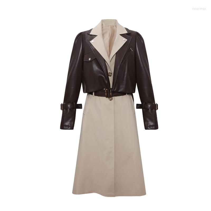 Women' Leather Faux Windbreaker Two-piece Patchwork Suits Spring Autumn Turndown Belted Trench Coat Women Winter Windproof Jacket, Brown
Women' Leather Faux Windbreaker Two-piece Patchwork Suits Spring Autumn Turndown Belted Trench Coat Women Winter Windproof Jacket, Brown