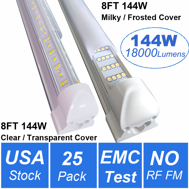 8Ft Led Tube Frosted Cover 8 Feet Shop Lights Fixture 96 Inch Cooler Door Freezer Integrated Lamp 4 Row 144W Transparent Clear Covers No RF FM Interfe