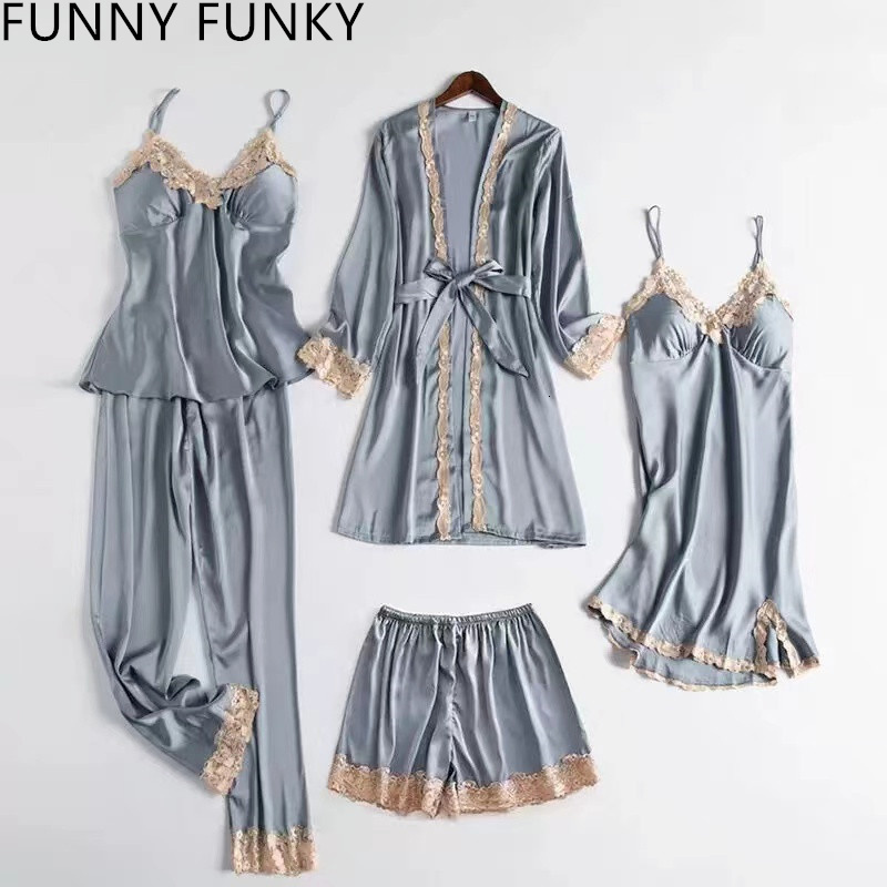 Women's Sleepwear Sexy Pyjamas 5PC Silk Robe Sleep Suit Womens Lace Chiffon Satin Pajamas Gown Set VNeck Night Wear Pajama Home Nightwear Spring 