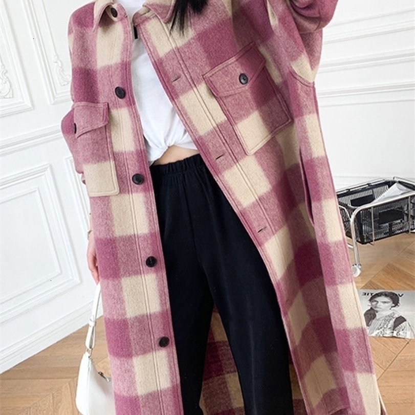 

Womens Wool Blends Autumn Winter Women Woolen Midlength Coat Plaid Long Sleeve Loose Turndown Collar Ladies Jacket with Pockets Fashion 221113, Green