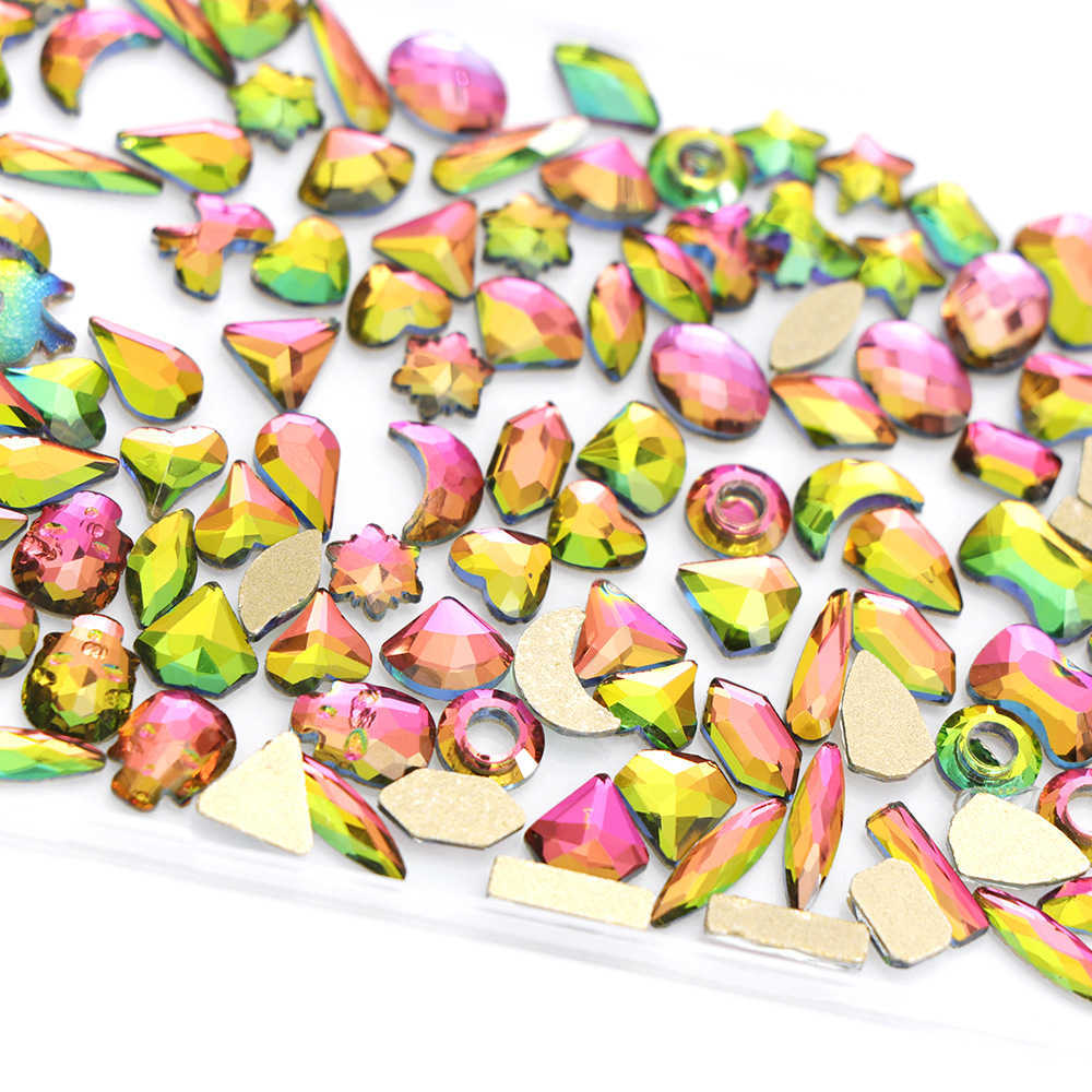 Nail Art Decorations Bulk 100Pcs Multi-Color Nail Crystal Rhinestones 24 Shapes Mix Glass AB Gem Stones Shiny Nail Art DIY Crafts Non Hotfix Flatback 