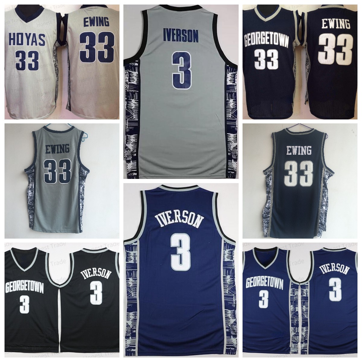 NCAA 33 Patrick Ewing Basketball Jersey Iverson 3 Hoyas Navy Georgetown College Jersey Grey White Stitched Men Jerseys Breathable
NCAA 33 Patrick Ewing Basketball Jersey Iverson 3 Hoyas Navy Georgetown College Jersey Grey White Stitched Men Jerseys Breathable