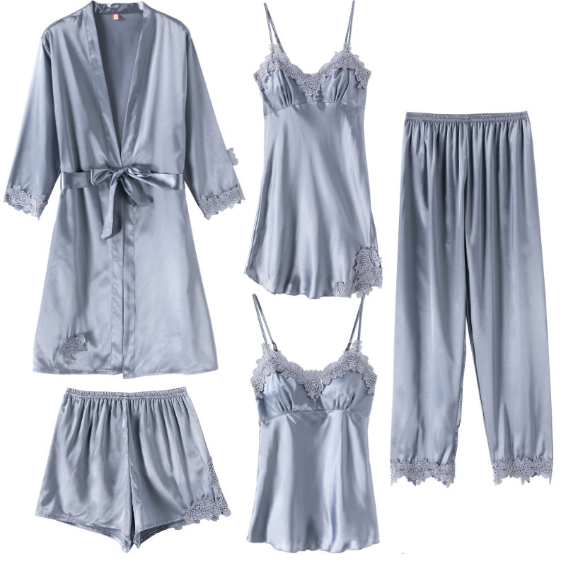 Women's Sleepwear Sexy Pyjamas 5PC Silk Robe Sleep Suit Womens Lace Chiffon Satin Pajamas Gown Set VNeck Night Wear Pajama Home Nightwear Spring 