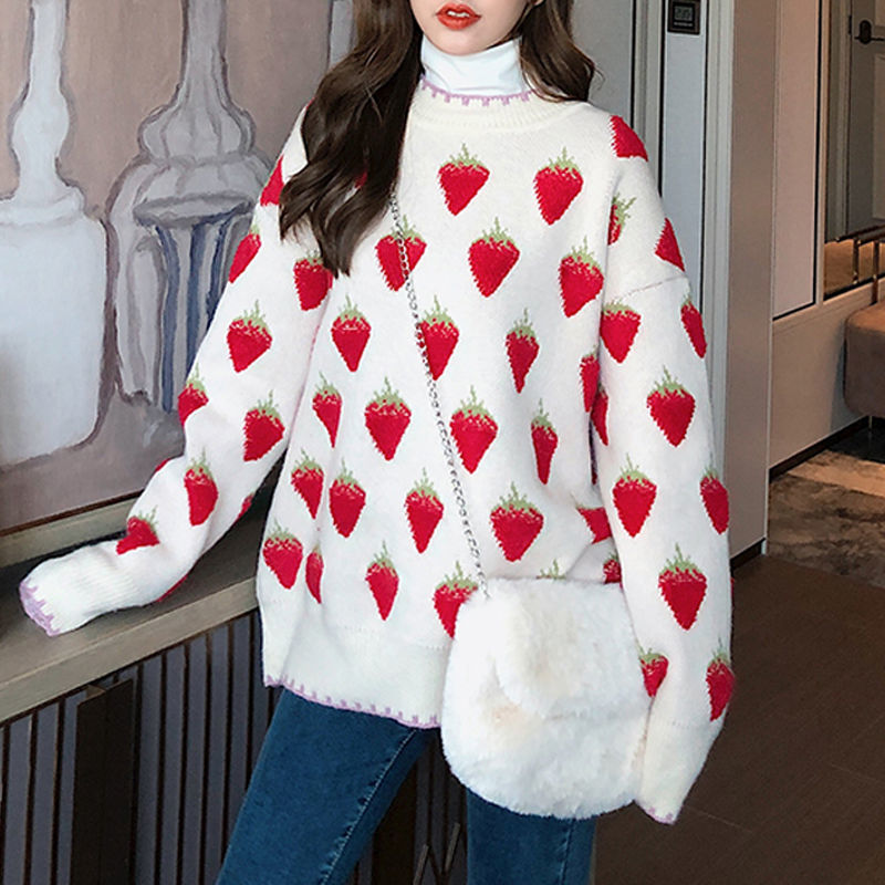 QNPQYX Winter New Korean Style Strawberry Printed Jacquard Sweater Women Loose Outer Wear Cute Base Pullover Long Sleeve Jumpers, A1
QNPQYX Winter New Korean Style Strawberry Printed Jacquard Sweater Women Loose Outer Wear Cute Base Pullover Long Sleeve Jumpers, A1