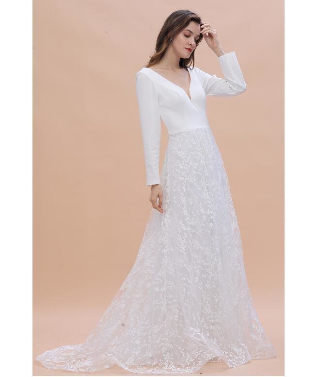Modern Boho Long Sleeve Princess Wedding Dresses V Neck Covered Button Backless Lace Train Bridal Gown Vestido De Novia Bc2474 Estido Estido