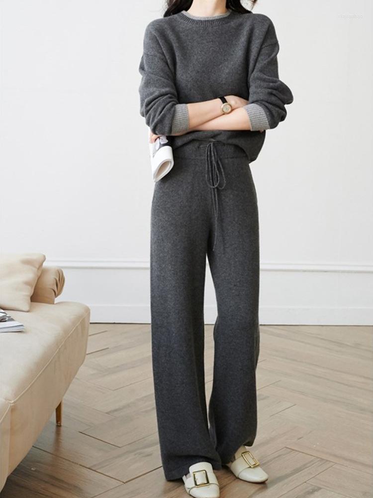 Women's Two Piece Pants Rib-knitted Women Set Solid Gray Loose O Neck Long Sleeve Pullover Sweater Wide Leg Straight Strawstring Pant
Women's Two Piece Pants Rib-knitted Women Set Solid Gray Loose O Neck Long Sleeve Pullover Sweater Wide Leg Straight Strawstring Pant