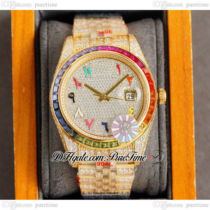 RF 41mm 126334 ETA A2824 Automatic Mens Watch Rainbow Bezel 18K YG Paved Diamond Dial Colors Arabic Script Fully Iced Out 904L Stainless Steel Bracelet Puretime C06B2, Custom warranty card
RF 41mm 126334 ETA A2824 Automatic Mens Watch Rainbow Bezel 18K YG Paved Diamond Dial Colors Arabic Script Fully Iced Out 904L Stainless Steel Bracelet Puretime C06B2, Custom warranty card