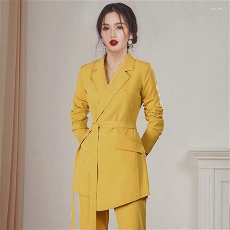 Women' Two Piece Pants Fashion Yellow Women Pant Suits Belted Blazer Coat High Waist Pencil 2 Pieces Set OL Female Casual Office Clothes, Picture color
Women' Two Piece Pants Fashion Yellow Women Pant Suits Belted Blazer Coat High Waist Pencil 2 Pieces Set OL Female Casual Office Clothes, Picture color