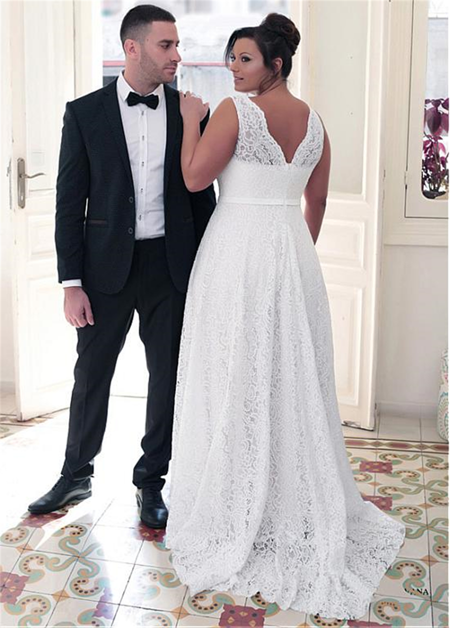 Fashionable Jewel Necke A-e Plus Size Wedding Dresses With Bowknot White Lace Bridal Gowns