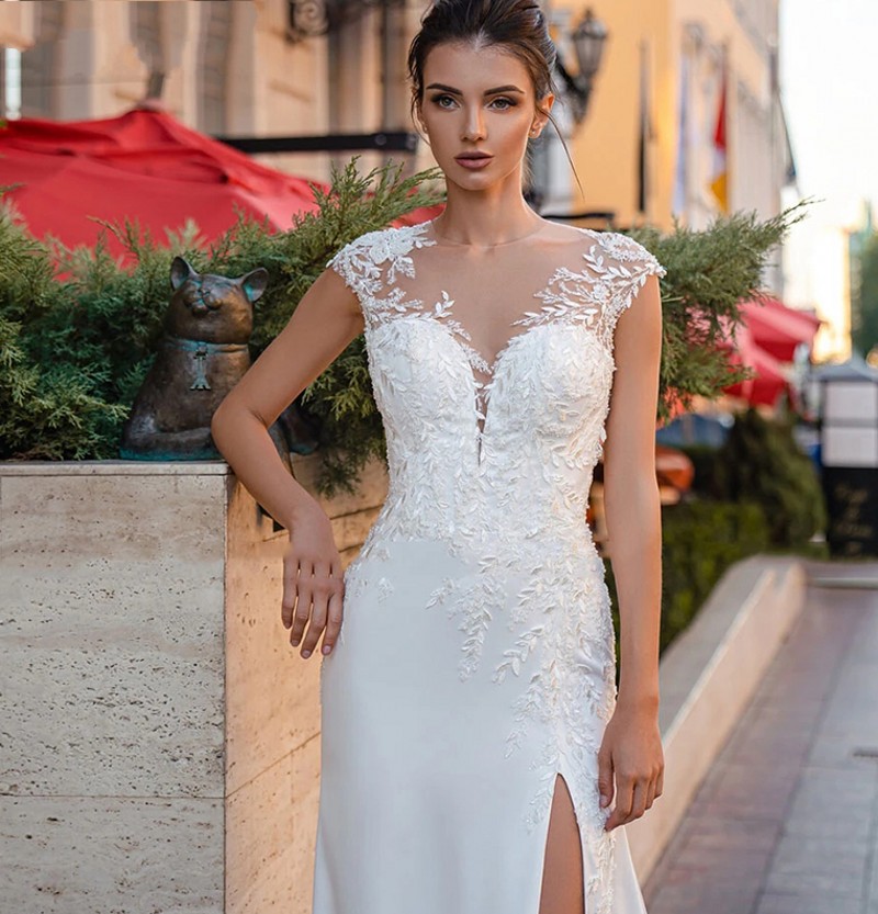 Boho Lace Illusion Back Wdding Dress 2023 Satin Side Split Beach Bride Party Gowns for Women Sexy Vestido De Novia Custom Made