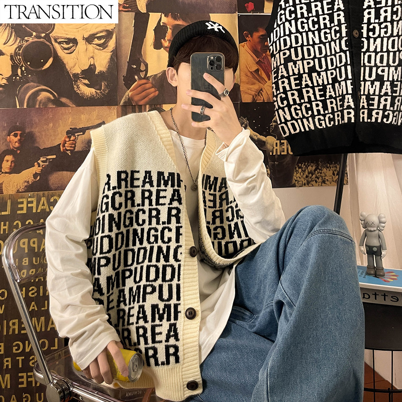 Men's Sweaters men's original Hong Kong style letter knitted cardigan sweater vest 221114, Black