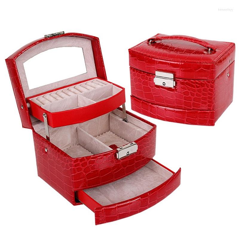 

Jewelry Pouches Automatic Leather Box Three-layer Storage For Women Earring Ring Cosmetic Organizer Casket Decorations