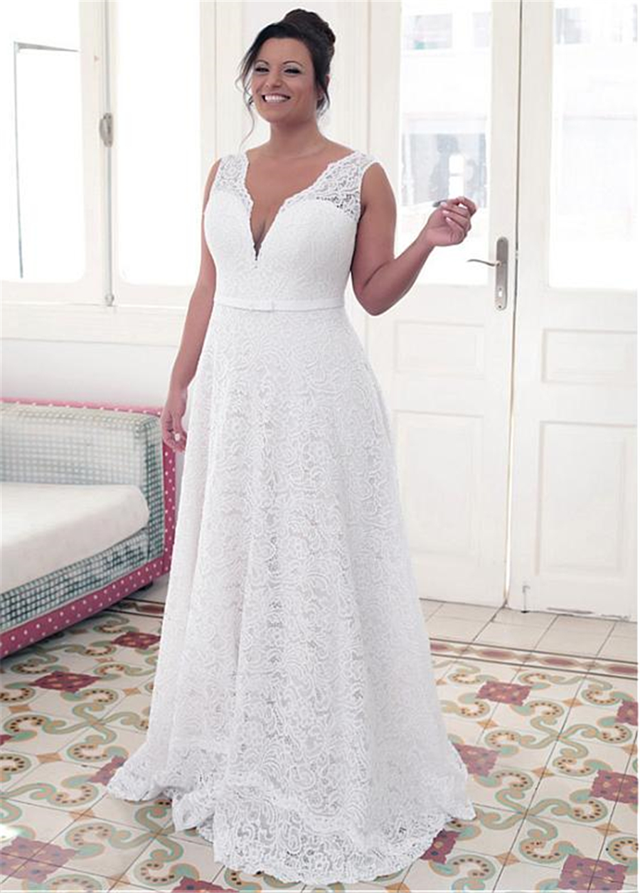 Fashionable Jewel Necke A-e Plus Size Wedding Dresses With Bowknot White Lace Bridal Gowns