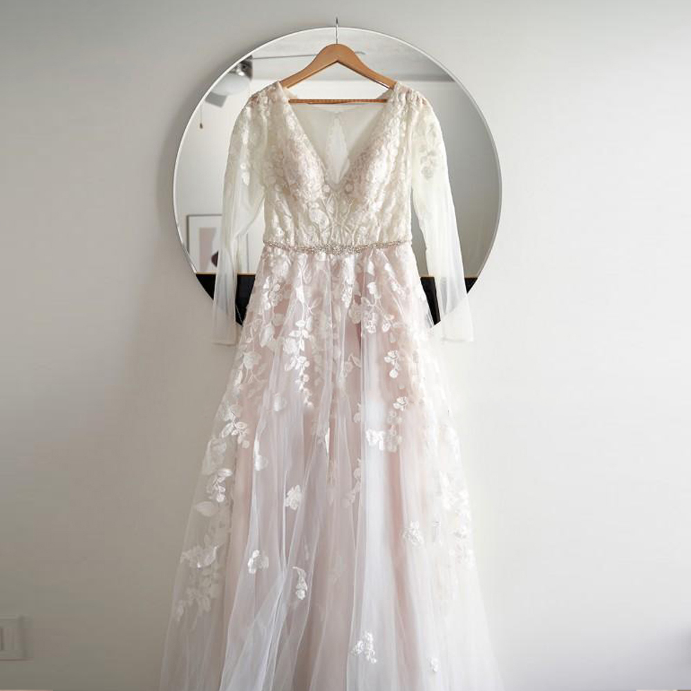 Blush Pink Wedding Dresses with Long Sleeve Elegant Lace Appliques Bridal Gowns Princess Wedding Party Dress Beaded Belt