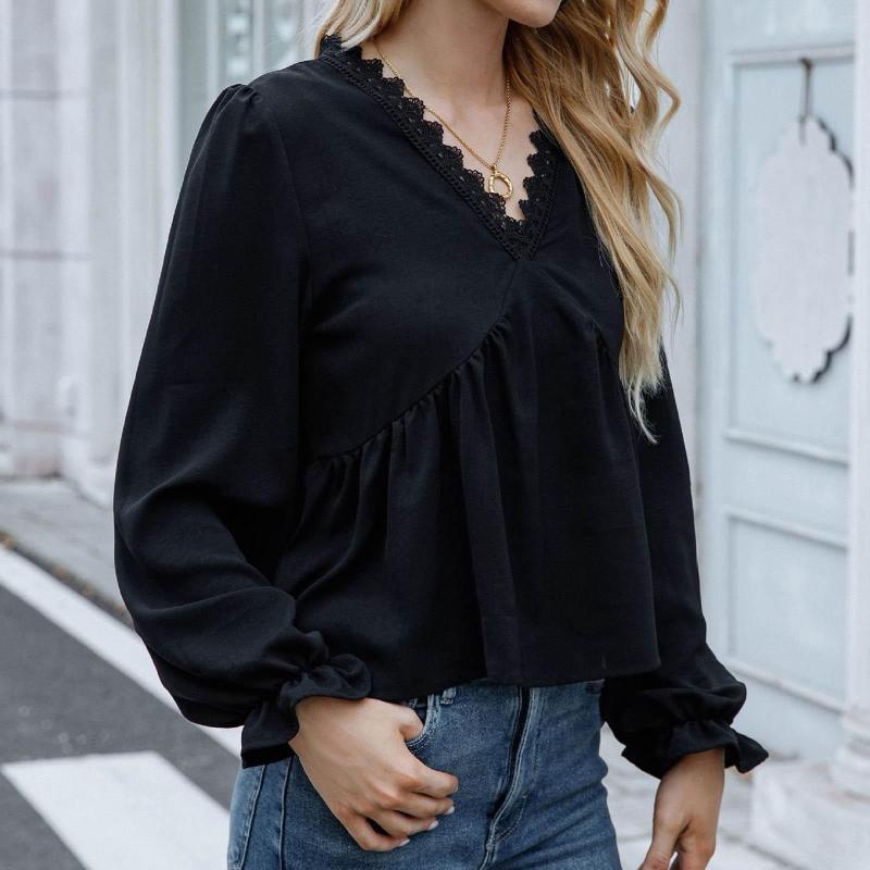Women' T Shirts Women Shirt Elegant Female Casual Wear V Neck Long Sleeved Lace Blouse, Black
Women' T Shirts Women Shirt Elegant Female Casual Wear V Neck Long Sleeved Lace Blouse, Black