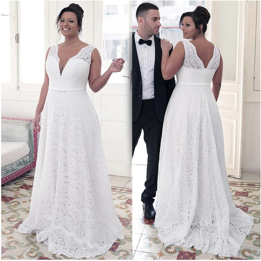 Fashionable Jewel Necke A-e Plus Size Wedding Dresses With Bowknot White Lace Bridal Gowns