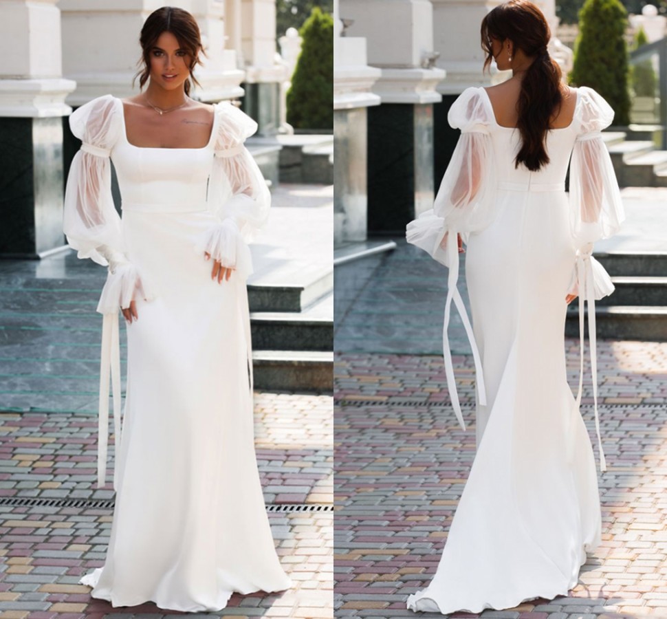Elegant Satin Mermaid Wedding Dress Long Puff Sleeve Sexy Beach Square Collar Bridal Gowns Custom Made Summer Vestidos de Novia