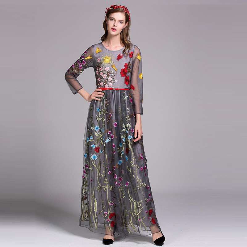 Women's O Neck 3/4 Sleeves Floral Embroidery Layered Elegant Party Prom Long Runway Dresses