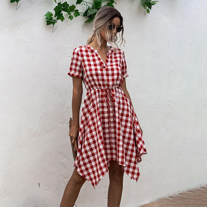Party Dresses Plaid Summer Dress Women Sexy Drawstring Irregular V-Neck Short Sleeve High Waist For Woman Vestidos Femme Robes Nice, Black 
Party Dresses Plaid Summer Dress Women Sexy Drawstring Irregular V-Neck Short Sleeve High Waist For Woman Vestidos Femme Robes Nice, Black