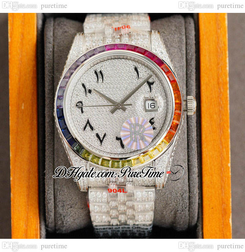 RF 41mm 126334 ETA A2824 Automatic Mens Watch Rainbow Bezel 904 Steel Paved Diamond Dial Black Arabic Script Fully Iced Out 904L Stainless Steel Bracelet Puretime E5, Custom warranty card
RF 41mm 126334 ETA A2824 Automatic Mens Watch Rainbow Bezel 904 Steel Paved Diamond Dial Black Arabic Script Fully Iced Out 904L Stainless Steel Bracelet Puretime E5, Custom warranty card