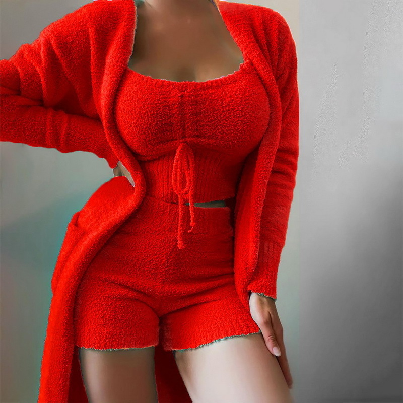 Womens Jumpsuits Rompers 3 Piece Sexy Women Sets Plush Velvet Pajama Sleepwear Tank Tops Shorts Cardigan Coat Tracksuit Loungewear Causal Outfits XL 2