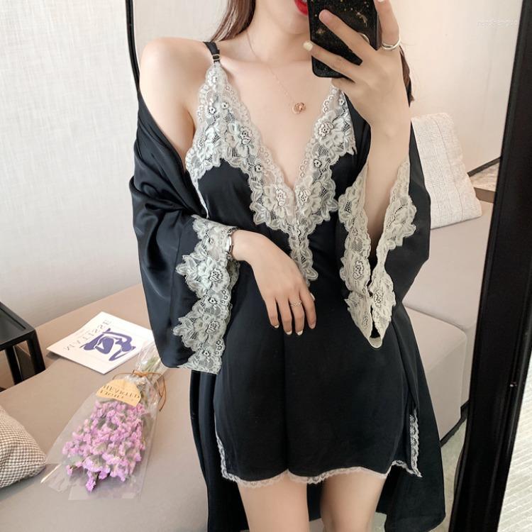 Women's Sleepwear 2022 Sexy Ice Silk Nightgown Two Piece Set Women Lace Suspender Nightdress Home Suit Woman Sets
Women's Sleepwear 2022 Sexy Ice Silk Nightgown Two Piece Set Women Lace Suspender Nightdress Home Suit Woman Sets