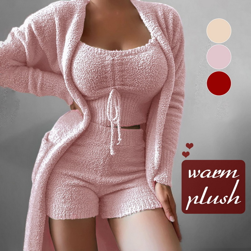 Womens Jumpsuits Rompers 3 Piece Sexy Women Sets Plush Velvet Pajama Sleepwear Tank Tops Shorts Cardigan Coat Tracksuit Loungewear Causal Outfits XL 2