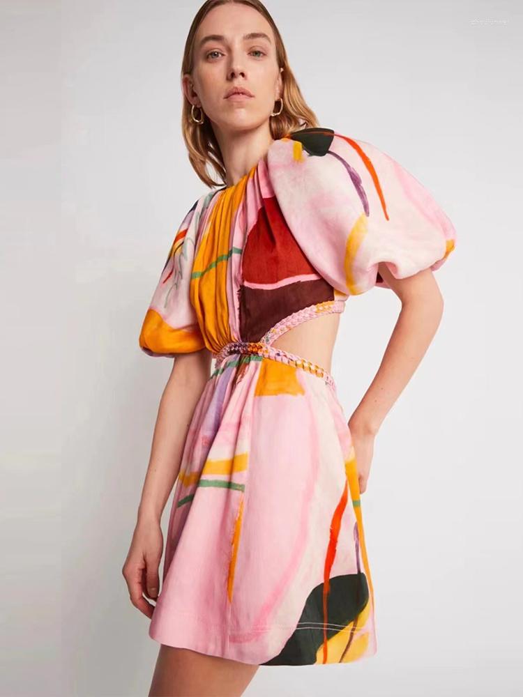 Party Dresses Designer Retro Printed Smocked Round Neck Short Sleeves Hollow High Waist Dress Ladies Summer Fashion Loose Swing Puff Skirt, Pink 
Party Dresses Designer Retro Printed Smocked Round Neck Short Sleeves Hollow High Waist Dress Ladies Summer Fashion Loose Swing Puff Skirt, Pink