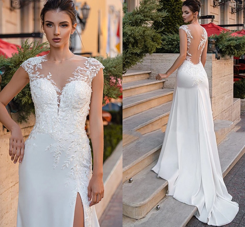 Boho Lace Illusion Back Wdding Dress 2023 Satin Side Split Beach Bride Party Gowns for Women Sexy Vestido De Novia Custom Made