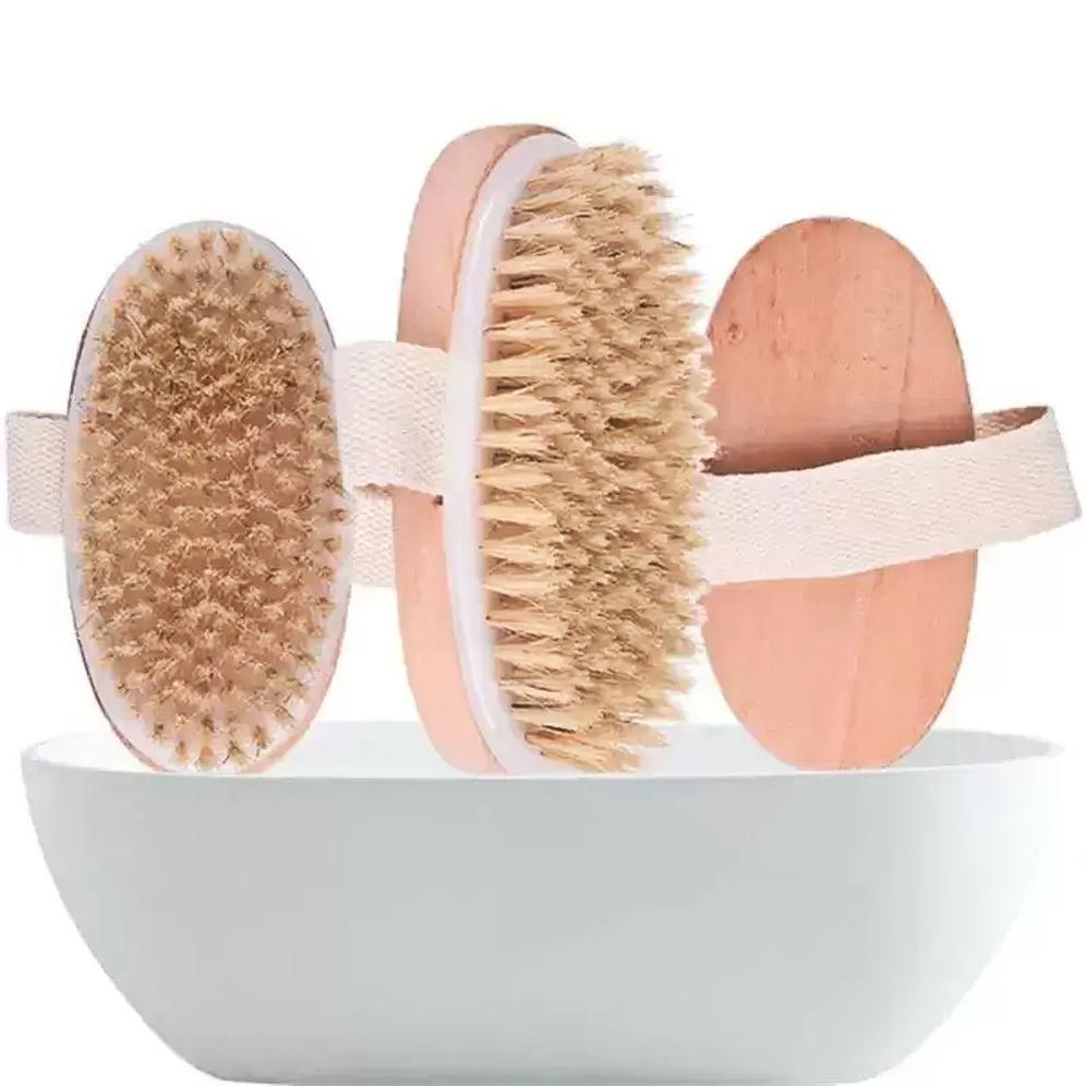 Handheld portable shower brush Natural Wooden Wet Dry Skin Body Bristle Brush Soft SPA Brush Bath Massager Fy5034