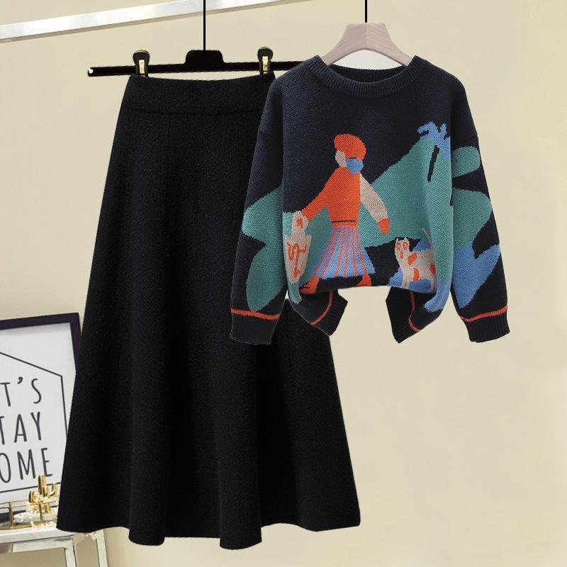 Two Piece Dress est Autumn Winter High Quality Long Sleeve Knitted Loose Pullover SweaterWomen Waist A Line Skirt 2 Set 221115