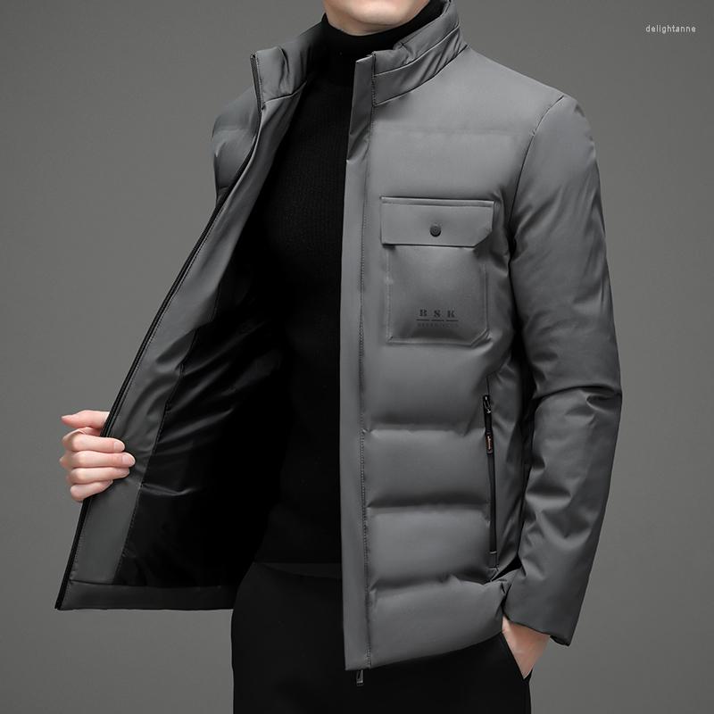 Men's Down Winter Short Jacket Warmth Slim Mature Stand-up Collar Cotton Clothes Coats, Navy blue