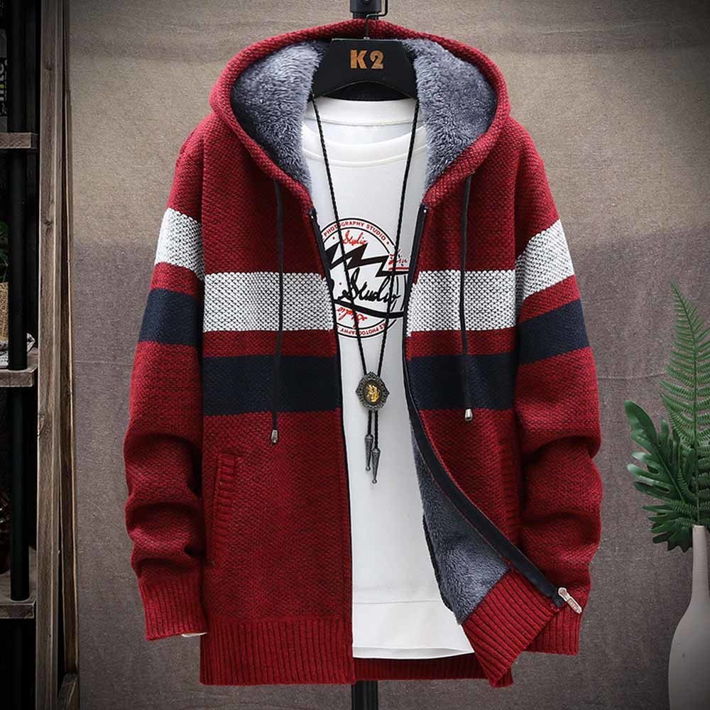 Men's Sweaters Striped Hooded Mens Sweater Coat Thick Fleece Warm Zipper Wool Cardigan Jumpers Men Long Sleeve Knitted Sweaters 221114, Red
Men's Sweaters Striped Hooded Mens Sweater Coat Thick Fleece Warm Zipper Wool Cardigan Jumpers Men Long Sleeve Knitted Sweaters 221114, Red