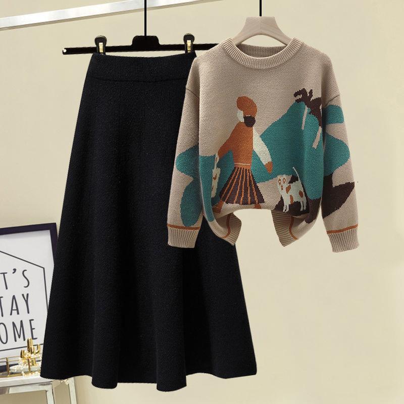 Two Piece Dress est Autumn Winter High Quality Long Sleeve Knitted Loose Pullover SweaterWomen Waist A Line Skirt 2 Set 221115