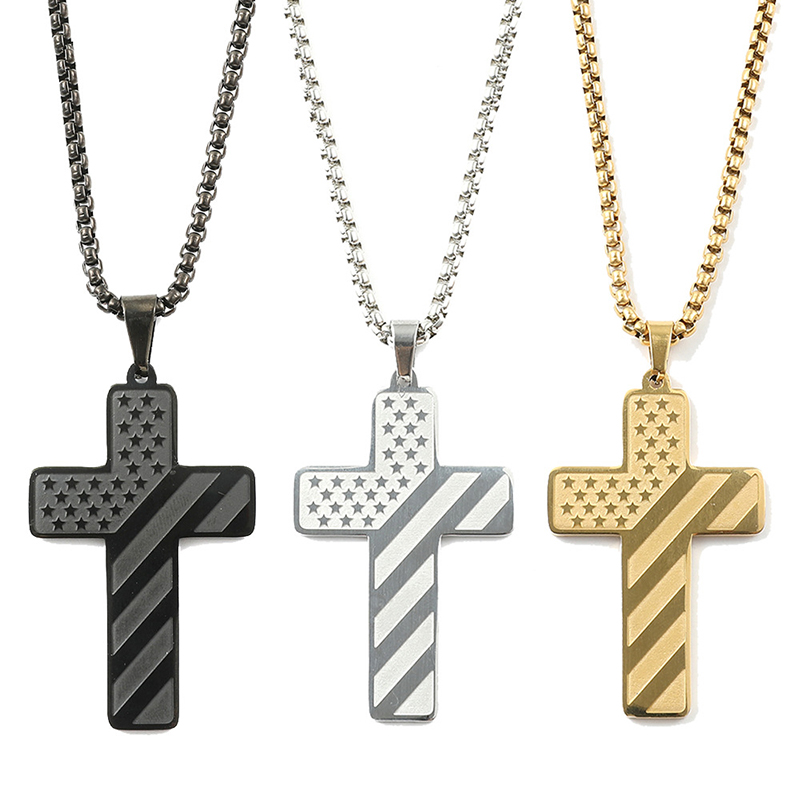 American Flag Cross Pendant Necklace Men's Stainless Steel Necklace Fashion Accessories