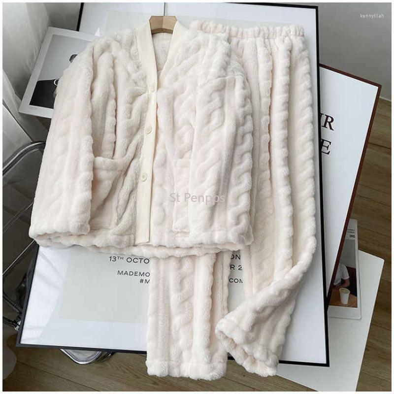 

Men's Sleepwear Double-sided Arctic Fleece Thermal Flannel Matching Pajama Set Casual Large Pocket Button Home Wear For Both Men And Women, White