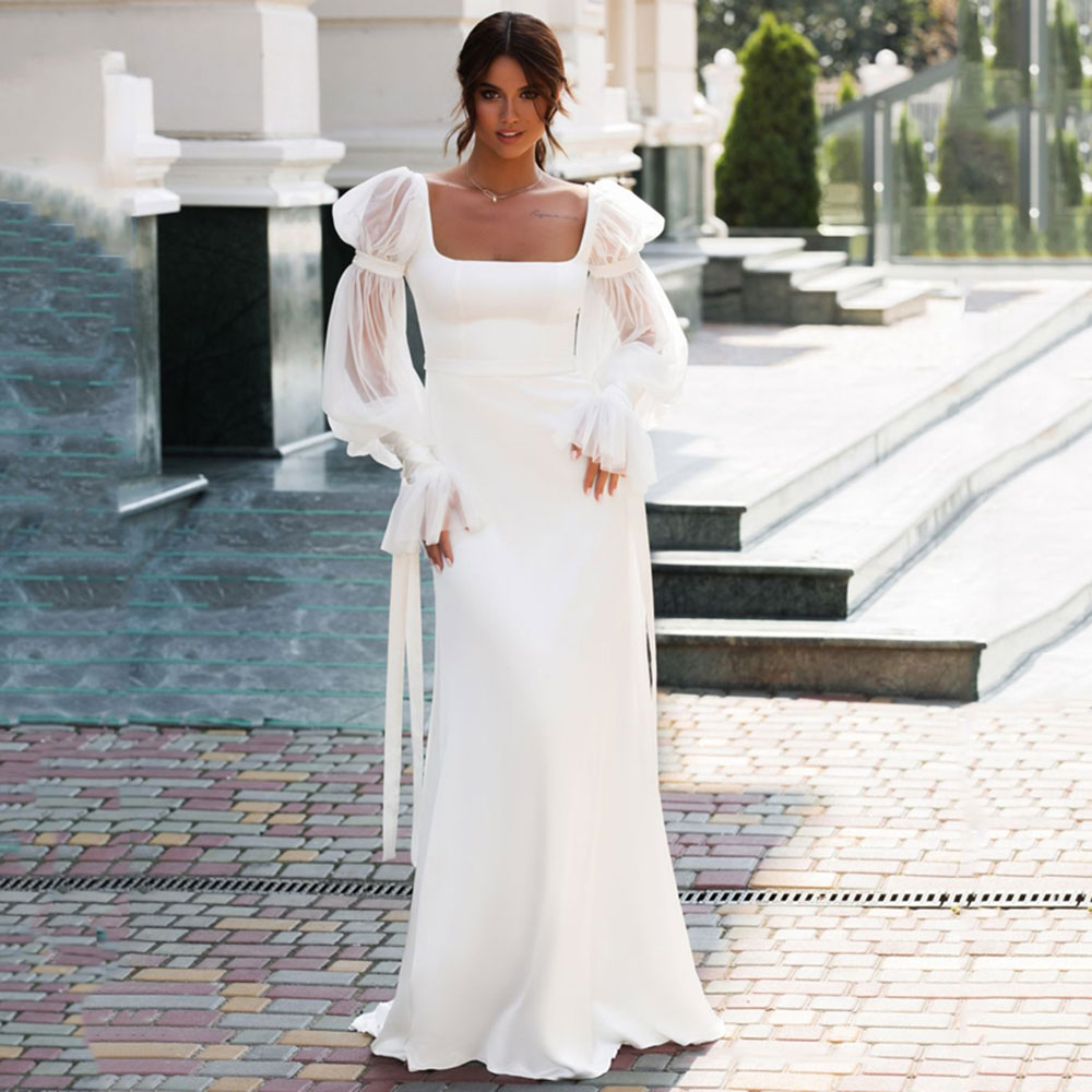Elegant Satin Mermaid Wedding Dress Long Puff Sleeve Sexy Beach Square Collar Bridal Gowns Custom Made Summer Vestidos de Novia