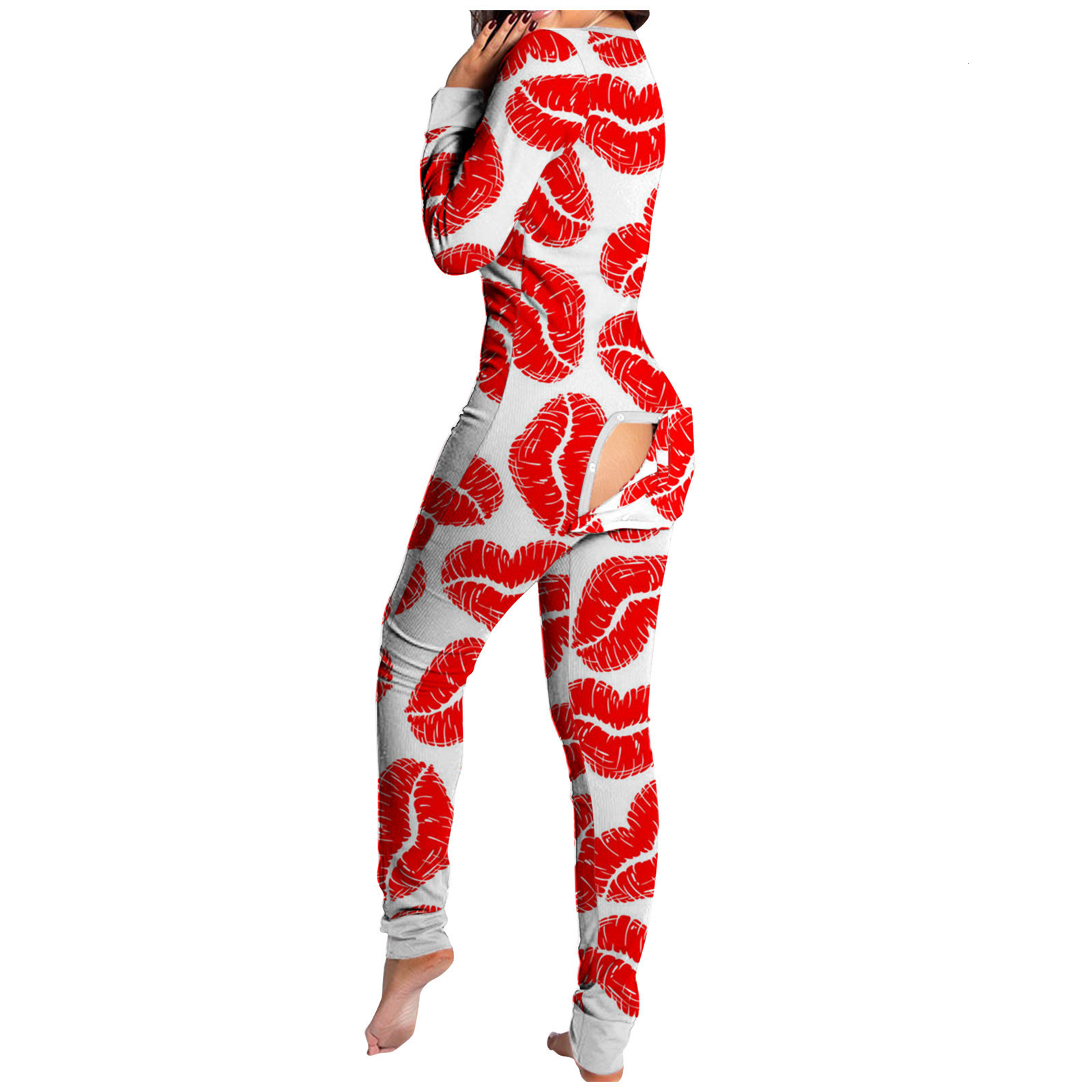 Womens Jumpsuits Rompers Sexy Christmas Pajama for Women Year Buttondown Front Back Butt Bum Open Ass Flap Xmas Print Loungewear 221115