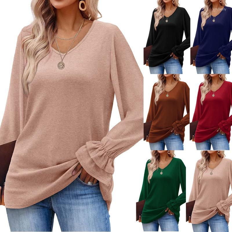 Women' T Shirts Autumn And Winter European American Trumpet Sleeves Solid Color Loose T-shirt Top V-neck Women' Clothing Wholesale, As shown
Women' T Shirts Autumn And Winter European American Trumpet Sleeves Solid Color Loose T-shirt Top V-neck Women' Clothing Wholesale, As shown