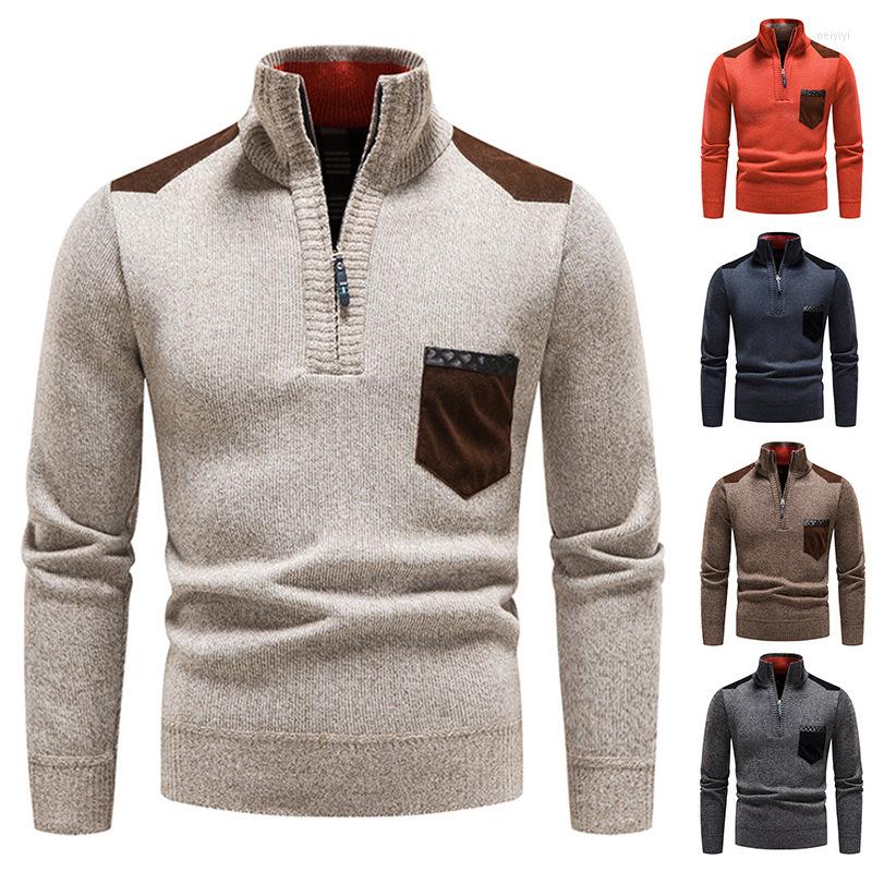 

Men's Sweaters Winter Mens Mock Neck Knitted Sweater Male Fleece Thick Casual Zipper Pull Homme Jumpers Patchwork Warm Pocket, Army green