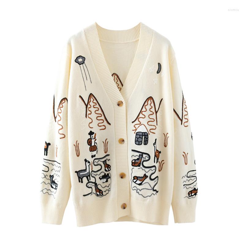 Women's Knits 2022 Spring High Quality Fashion Embroidered V-neck Cardigan Oversized Long Sleeve Single Breasted Button Knit Sweater, Creamy-white 
Women's Knits 2022 Spring High Quality Fashion Embroidered V-neck Cardigan Oversized Long Sleeve Single Breasted Button Knit Sweater, Creamy-white
