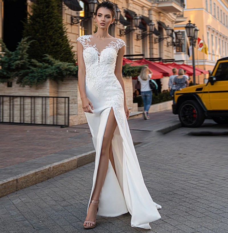 Boho Lace Illusion Back Wdding Dress 2023 Satin Side Split Beach Bride Party Gowns for Women Sexy Vestido De Novia Custom Made