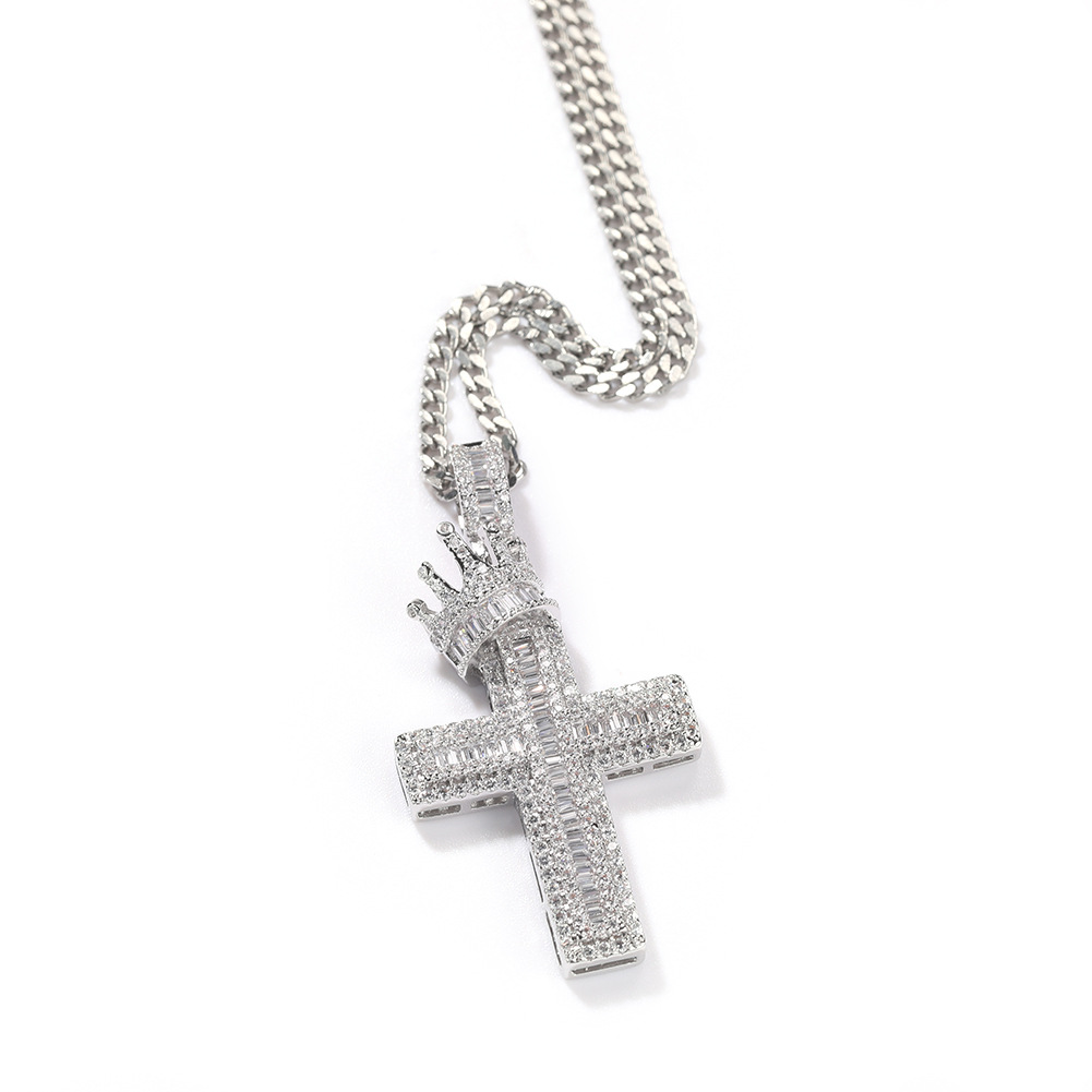 Cubic Zircon Diamond Cross Necklace Hip Hop Heavy Iced Out Crown Pendant Necklaces