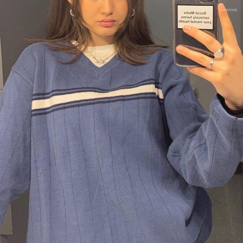 Women' Sweaters Preppy Style V-neck Y2k Pullovers Women Autumn Loose Striped Vintage Korean Knitwear Aesthetic 90s Knitted Tops, Blue
Women' Sweaters Preppy Style V-neck Y2k Pullovers Women Autumn Loose Striped Vintage Korean Knitwear Aesthetic 90s Knitted Tops, Blue