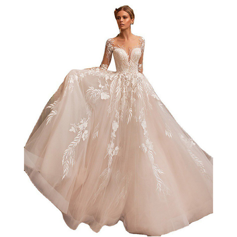 A Elegant E Wedding Dresses Lace Long Sleeves Deep V Neck Appliqued Covered Buttons Back Plus Size Bridal Gowns Sweep Train Satin Robe De Marie Ppliqu